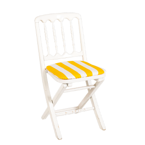 Chaise Napoléon III blanche pliante avec galette rayée jaune